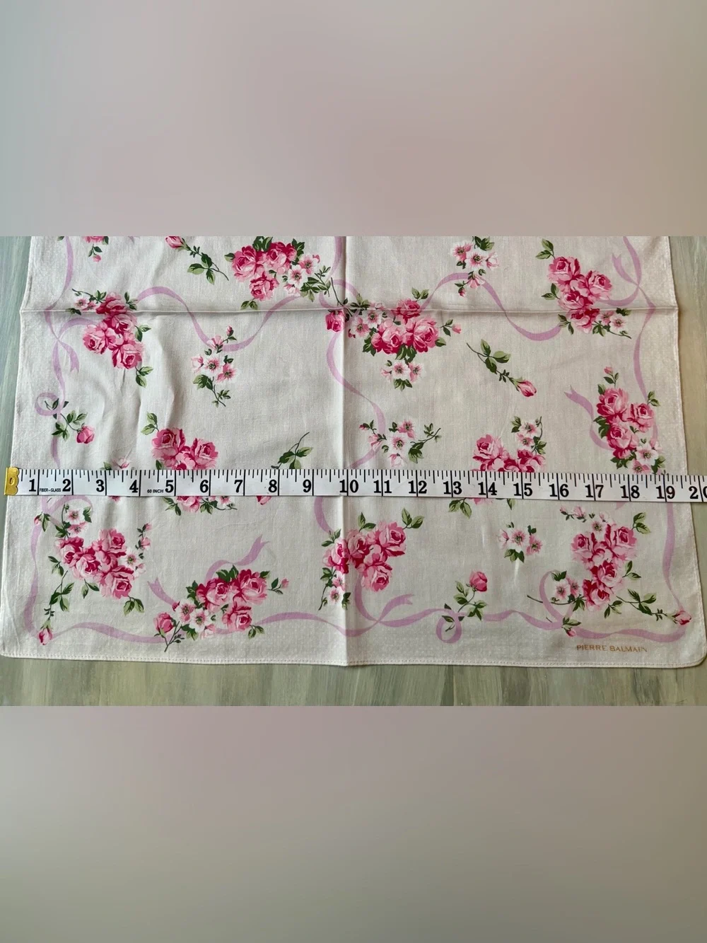 Pierre Balmain Luxury French Fashion House Scarf pink rose & ribbon floral print